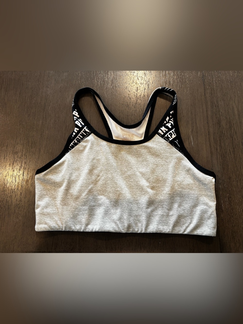 PINK Victoria's Secret Heather Gray Sports Bra with Black Logo Straps
